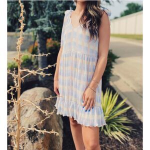 Meet Me in Santorini Pastel Check Dress Tie Straps Lined Mini Cottagecore Sz S